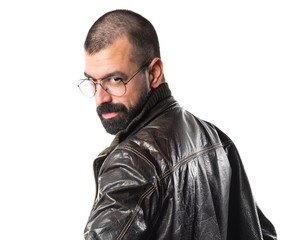 Man wearing a leather jacket