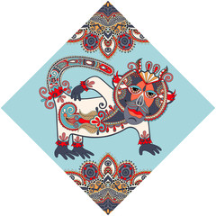 unusual animal, folk illustration in rhombus composition