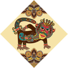 unusual animal, folk illustration in rhombus composition