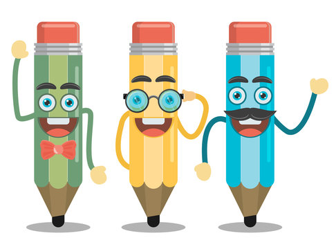 Three funny pencil in a flat style