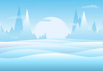 Vector. Winter landscape with mountains, clouds and snowy hills