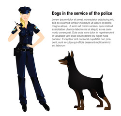 Dogs in the service of the police. Beautiful policewoman in uniform. Officer woman isolated on white. 