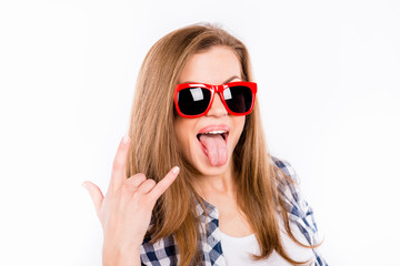 Funny girl in glasses with a red rim showing thumbs up gesture r
