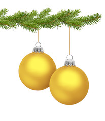 Goldene Christbaumkugeln am Tannenzweig