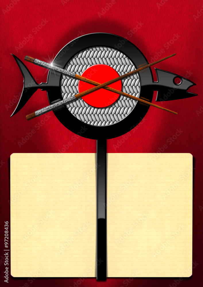 Poster sushi food - empty banner for menu / template for a sushi menu with yellow empty pages and a symbol 