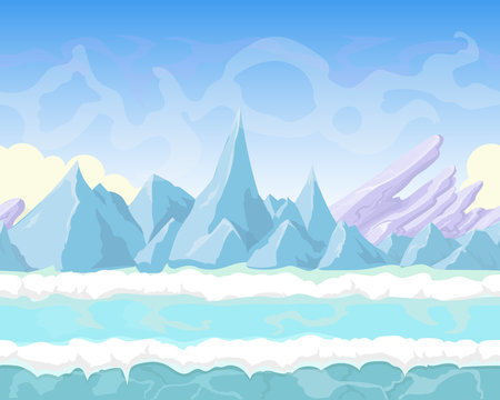 Seamless vector cartoon fantasy landscape with  mountains, snow  and ice for game design
