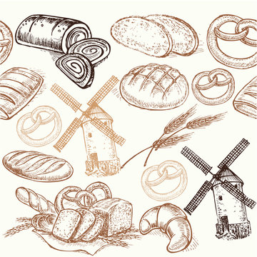 hand drawn sketch illustration bakery seamless pattern