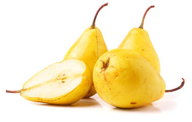 Three ripe fresh yellow pears isolated on white background
