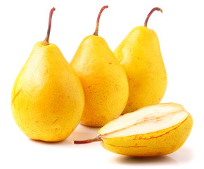 Three ripe fresh yellow pears isolated on white background
