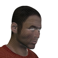 Conceptual 3D wireframe human male or man face or head
