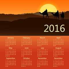 Calendar New Year 2016. Arab Man Riding the Camel in Wide Desert. Middle East. Vector Design Illustration