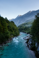 Emerald waters of the alpine river Soca in Slovenia