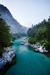 Emerald waters of the alpine river Soca in Slovenia