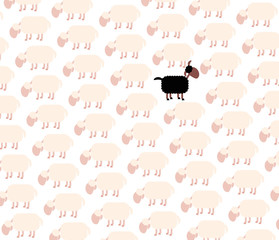 Black sheep among white sheep flock. Vector illustration on white background.