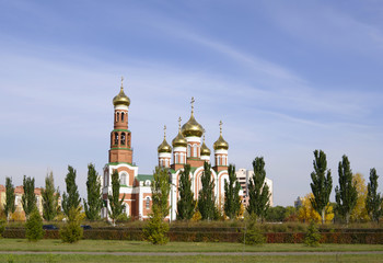  Christo-Rozhdestvenskii (Christmas) Cathedral, autumn view, blue sky, Omsk, Russia