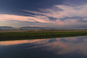 Tramonto sulla pianura Vercellese con sullo sfondo le Alpi