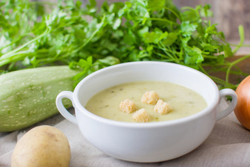 Zucchini soup with onion, garlic and potatoes