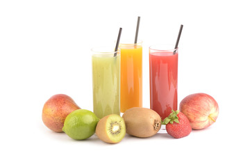 Fresh fruit juices on white