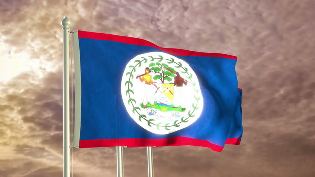 Three flags of Belize waving in the wind (4K high detailed 3D render) with a dramatic sky in the background