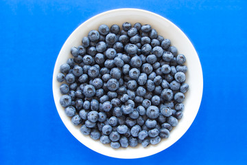 white plate full of blueberries on blue background