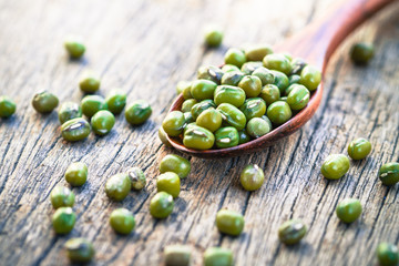 Close up green beans or mung beans on spoon