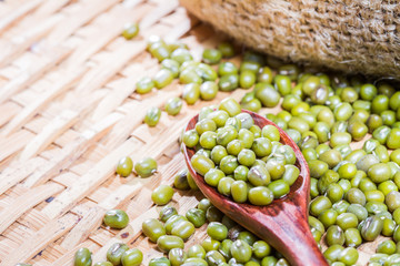 Close up green beans or mung beans on spoon