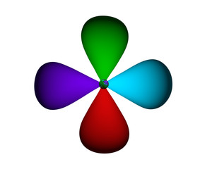 4 лепестка. Объем. Синий, фиолетовый, красный и зеленый лепестков. Цветок логотип.  белый фон 