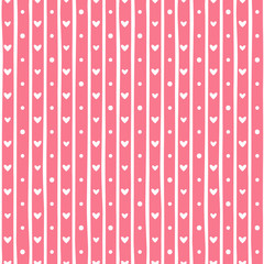 Pink seamless background of hearts, stripes and circles