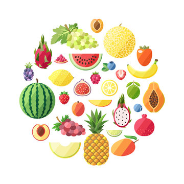 Fruit vector circle background. Modern flat design. Healthy food background.