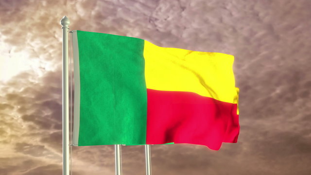 Three flags of Benin waving in the wind (4K high detailed 3D render) with a dramatic sky in the background