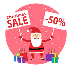 santa claus with banners and shopping bags and gift boxes. christmas sale