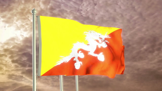 Three flags of Bhutan waving in the wind (4K high detailed 3D render) with a dramatic sky in the background