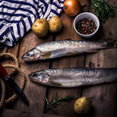 Raw river fish with potatoes,onion,spices and herbs on a wooden table.
