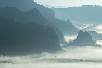 Misty morning landscape in northern Thailand, Phu Lang Ka, Phaya