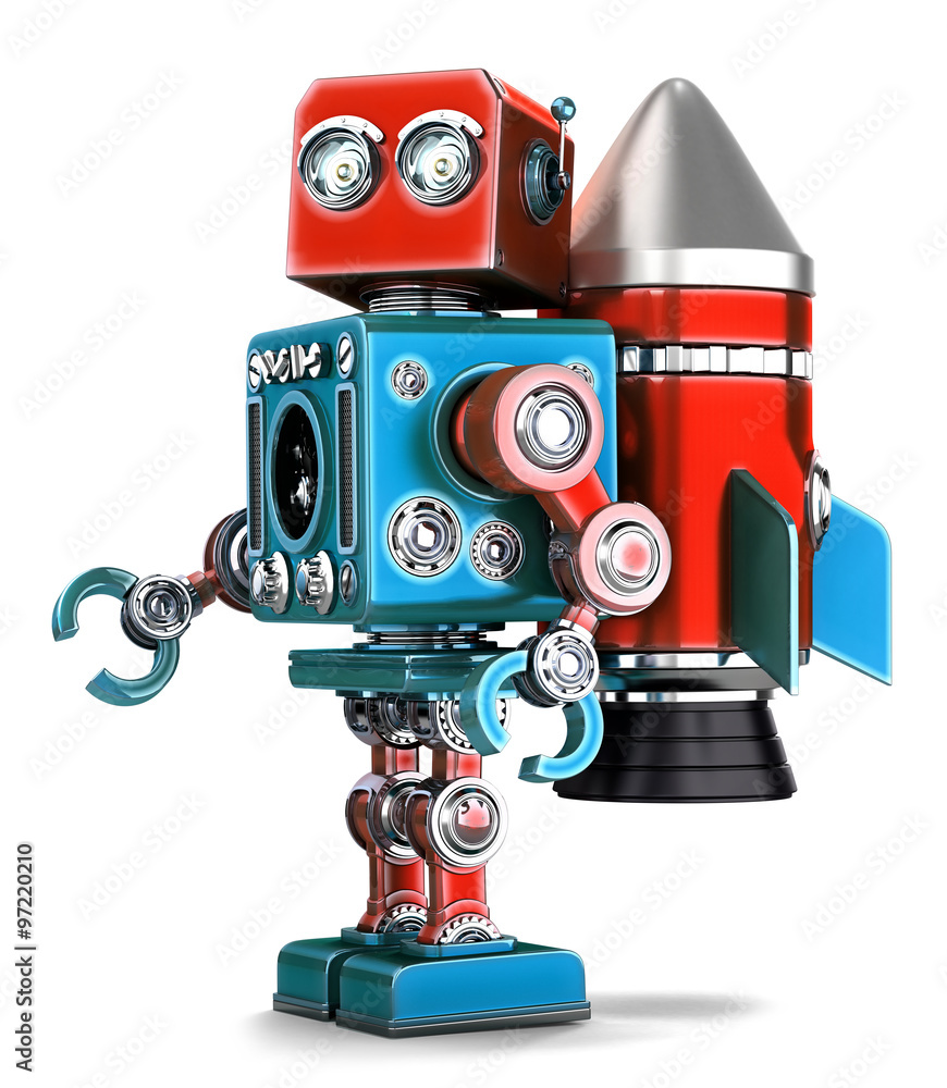 Poster retro robot with rocket jetpack. isolated. contains clipping path