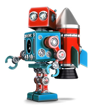 Retro Robot with rocket jetpack. Isolated. Contains clipping path