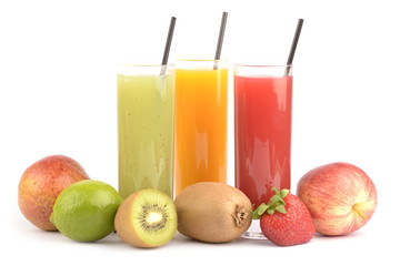 Fresh fruit juices on white
