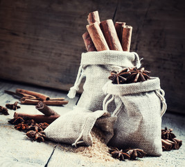 Spices for mulled wine: cinnamon, anise, brown cane sugar in bag