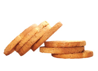 pile rusks with wholewheat flour, bread sliced isolated, whole wheat dry rusk bread, wholemeal bread isolated on white background