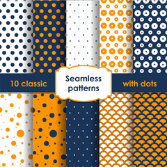 Set of classic orange seamless patterns with dots