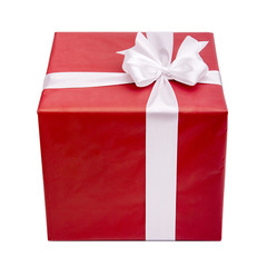 Red gift box with white ribbon.