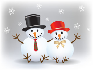 Happy snowman with his snow lady with snowflakes on christmas
