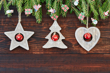 Christmas wooden background with heart, star, Christmas tree