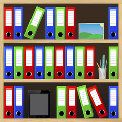 File folders standing on the shelves at office. Vector