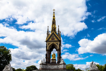 Albert Memorial in London situated in Kensington Gardens, directly to the north of the Royal Albert Hall. Opened in July 1872 by Queen Victoria. London. UK