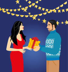 a man in a sweater gives a gift a beautiful woman in a red dress