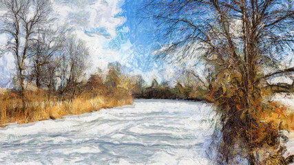 Naklejka premium Winter Path Along the River, Van Gogh Style