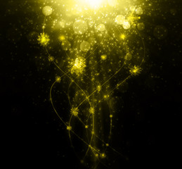 Snowflakes and stars shining descending on golden background. Christmas star