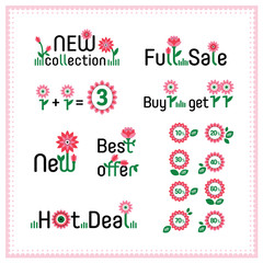 Spring sale and discount set of hand drawn cartoon labels. Best offer, hot deal, new collection, new, full sale. Sweet colorful flowers. Banner, flier, board. Shoping sticker. Price reduction. Vector