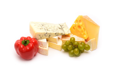 Various types of cheese on white